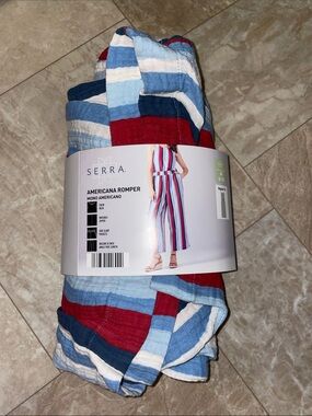 Serra Striped Sleeveless Romper in Red, Navy & Light Blue